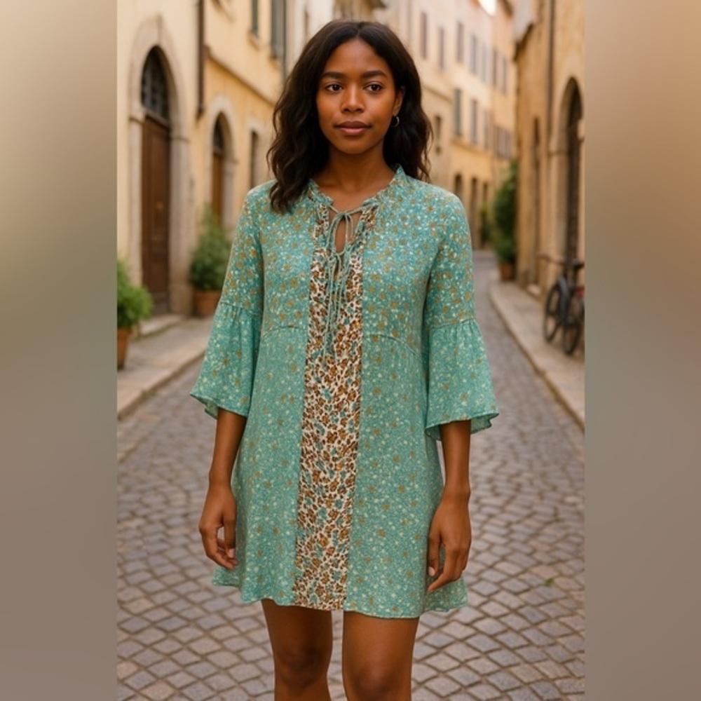 Blue Green Floral Multi Patchwork Animal Tie Dress Top Boho Umgee EUC XL #1184